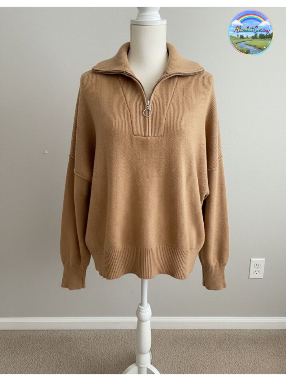 Women's V-Neck Quarter Zip Pullover Sweater Long Sleeve Loose Fit